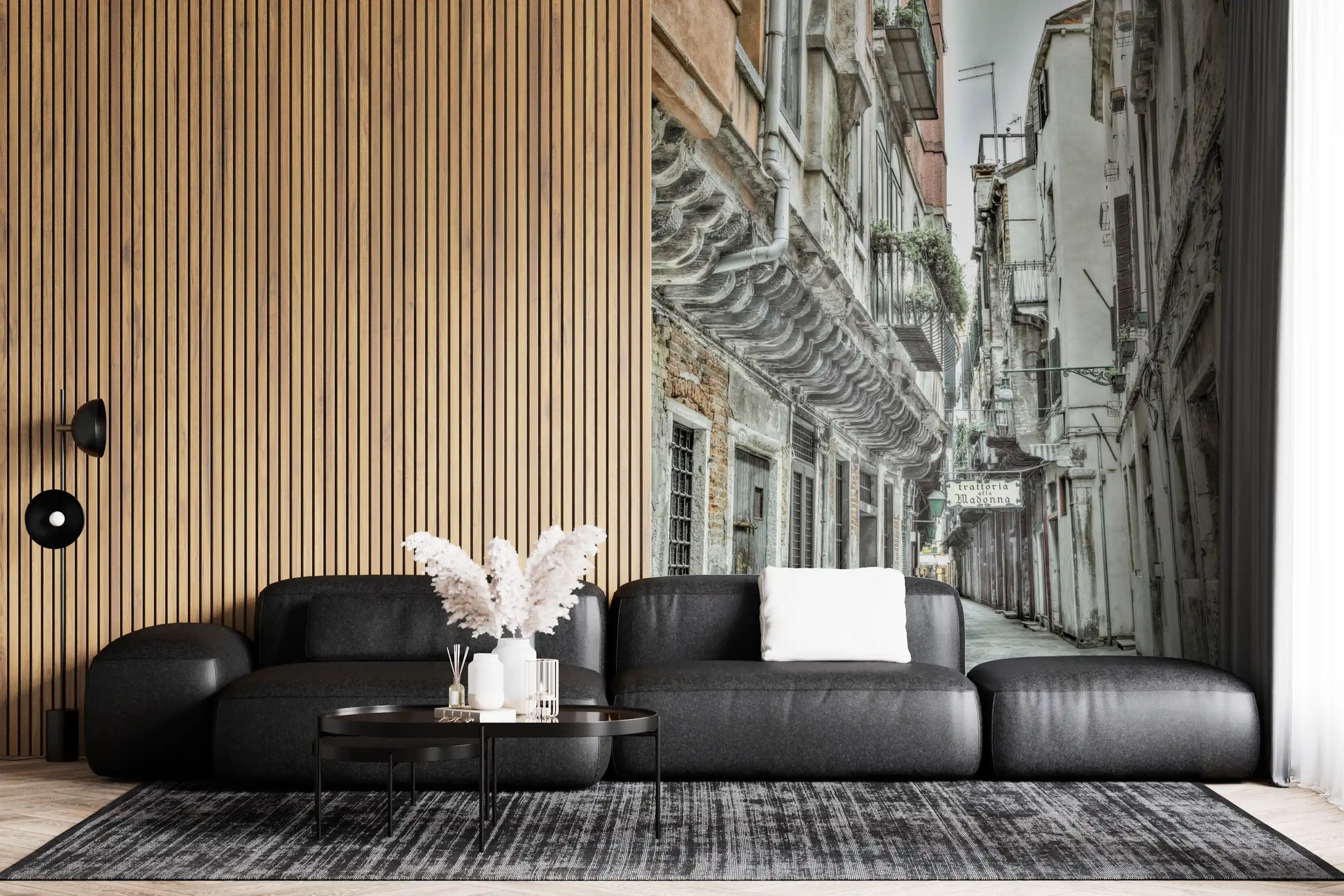 Living room interior featuring the quiet Venetian wall mural.
