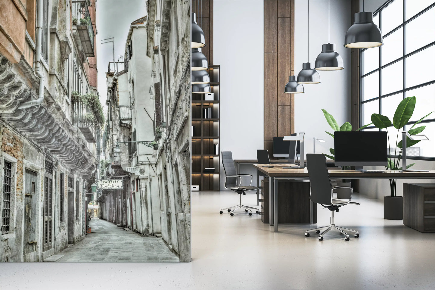 office space accented by the Venetian stone path wall mural.