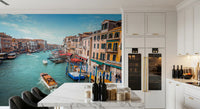 The vibrant Splendor wall mural creates an airy atmosphere within the kitchen.