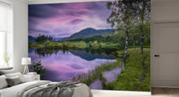 The Highland Dusk Reflection Wall Mural creates a scenic window in this Bedroom.