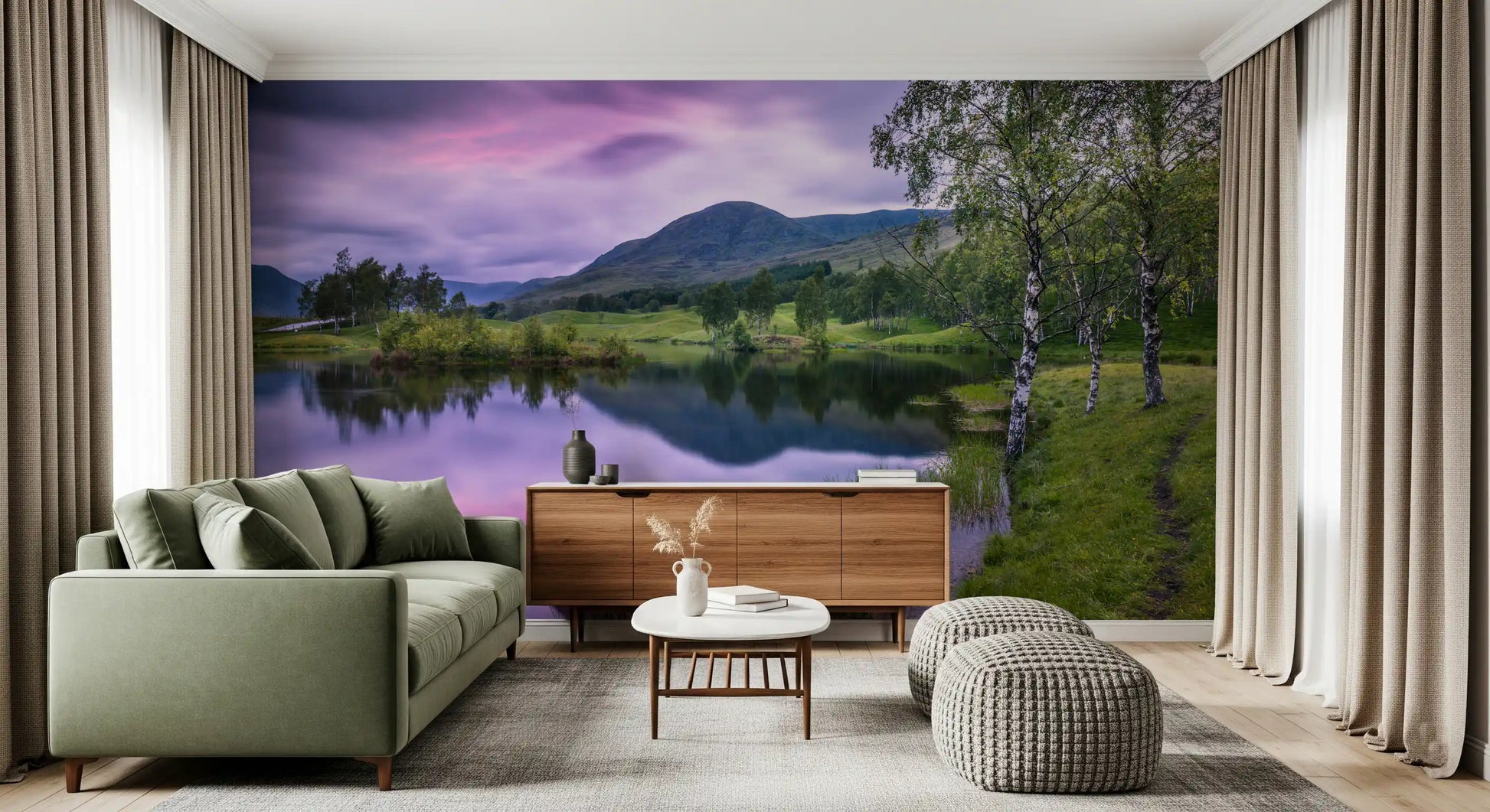 A serene atmosphere fills the Living room  this Reflection wall mural sits.