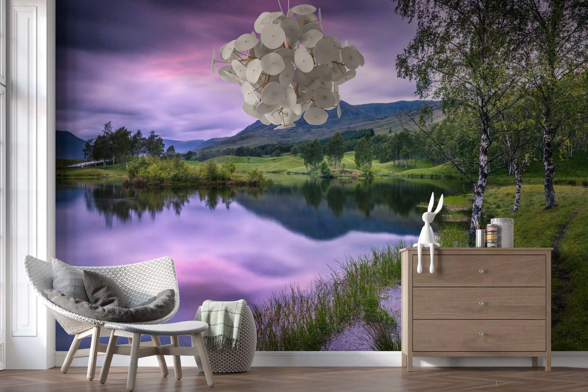 Gentle waves ripple across the lake in the Highland Dusk Reflection Wall Mural.