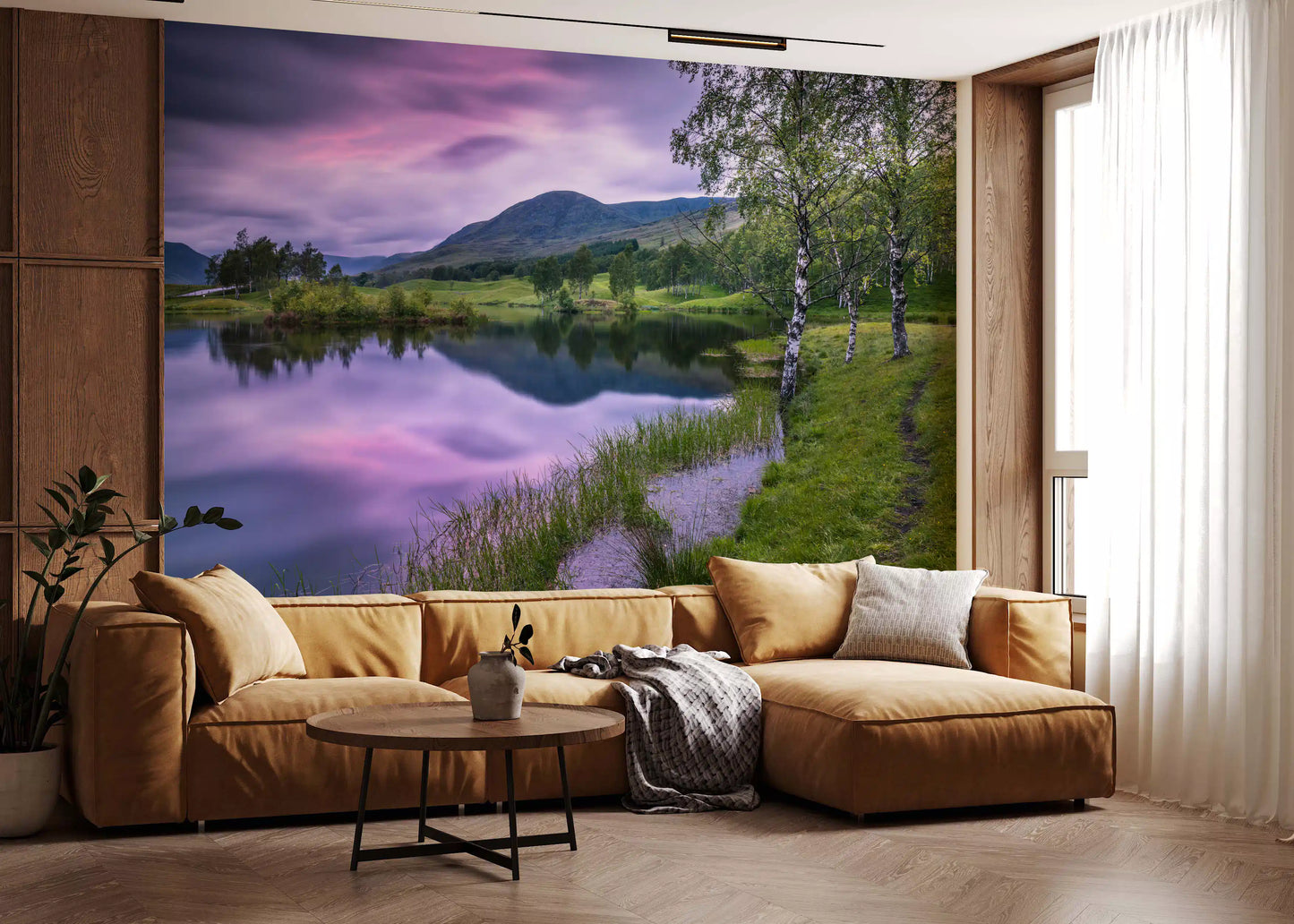 Nature lovers admire the rugged terrain on this Highland wall mural in the Living room.