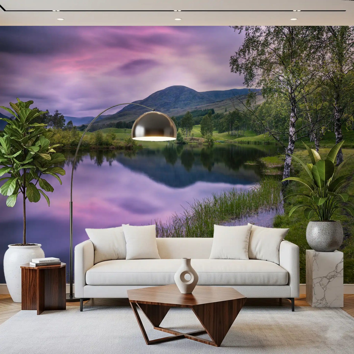 An view of appears on the Dusk Reflection Wall Mural within the lounge.