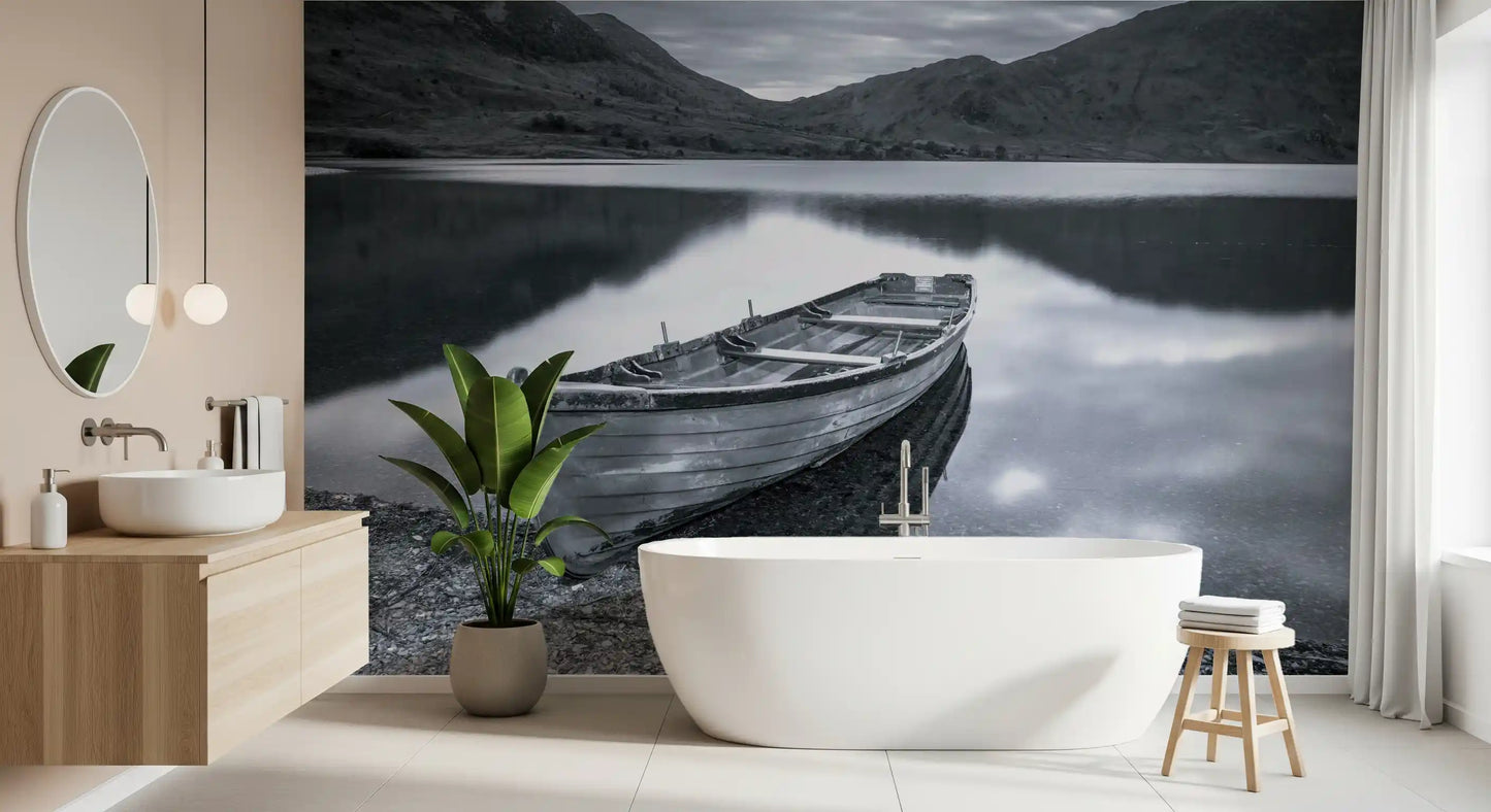 Quiet monochrome lands in the bathroom via Silent Waters Distant Peaks wall mural.