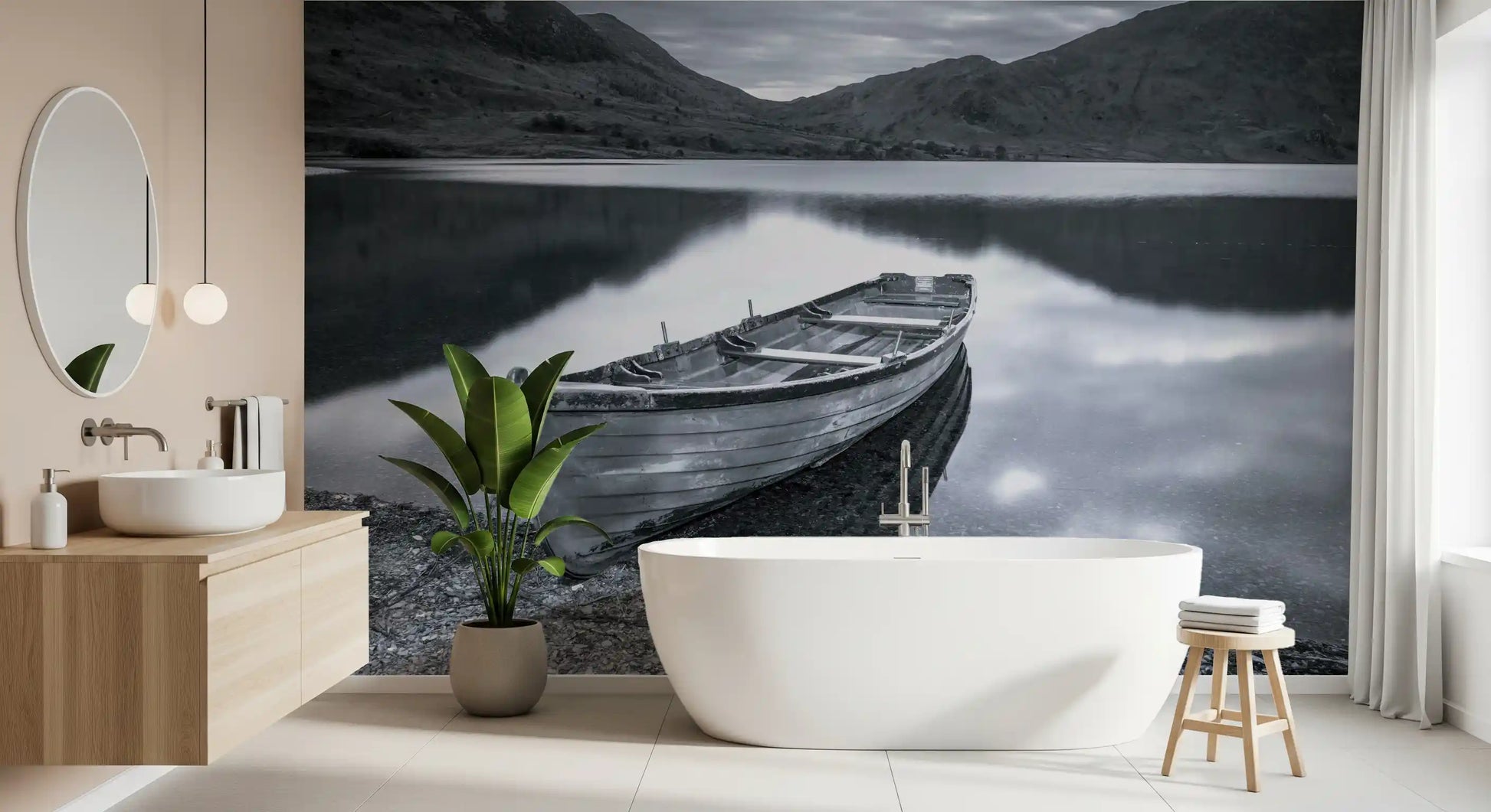 Quiet monochrome lands in the bathroom via Silent Waters Distant Peaks wall mural.