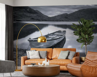Living area opens to the Distant Peaks lake wall mural with a misty horizon.
