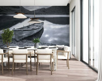 Mountain ridges climb behind still water through the Distant Peaks wall mural framing.