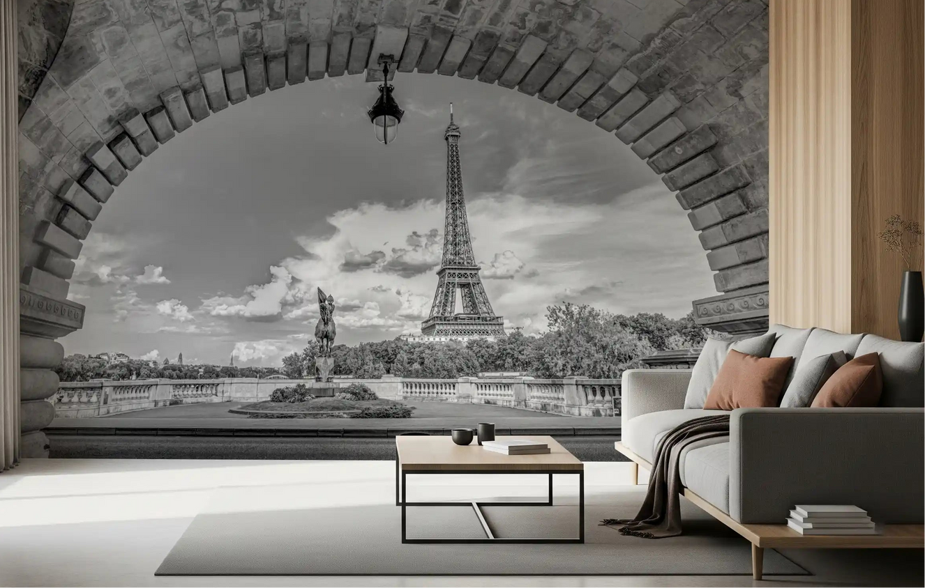 Living room takes a grayscale Paris view from the Timeless Parisian Vista wall mural