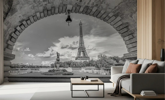 Living room takes a grayscale Paris view from the Timeless Parisian Vista wall mural