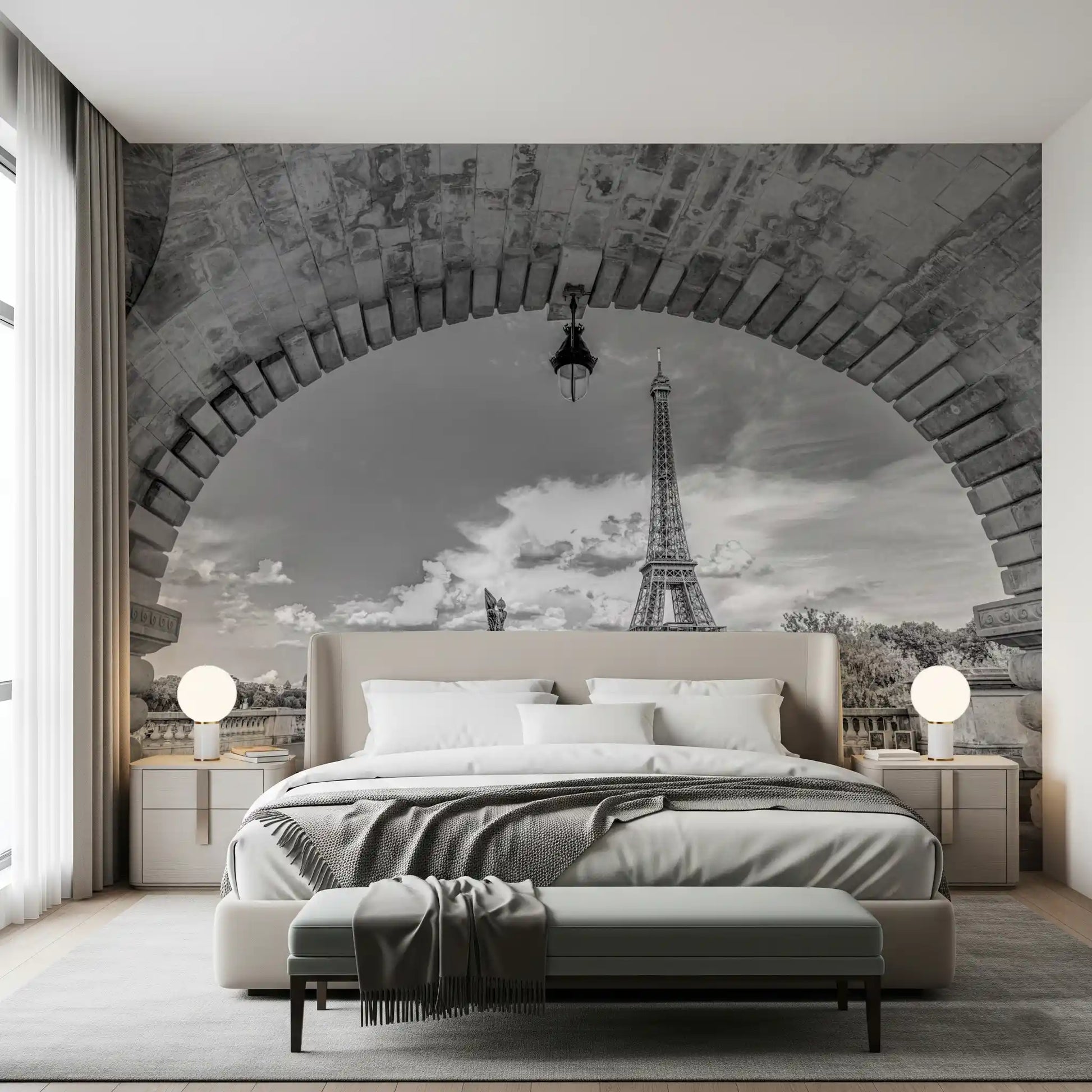 Paris in grayscale via the Parisian Vista wall mural lifts a Bedroom