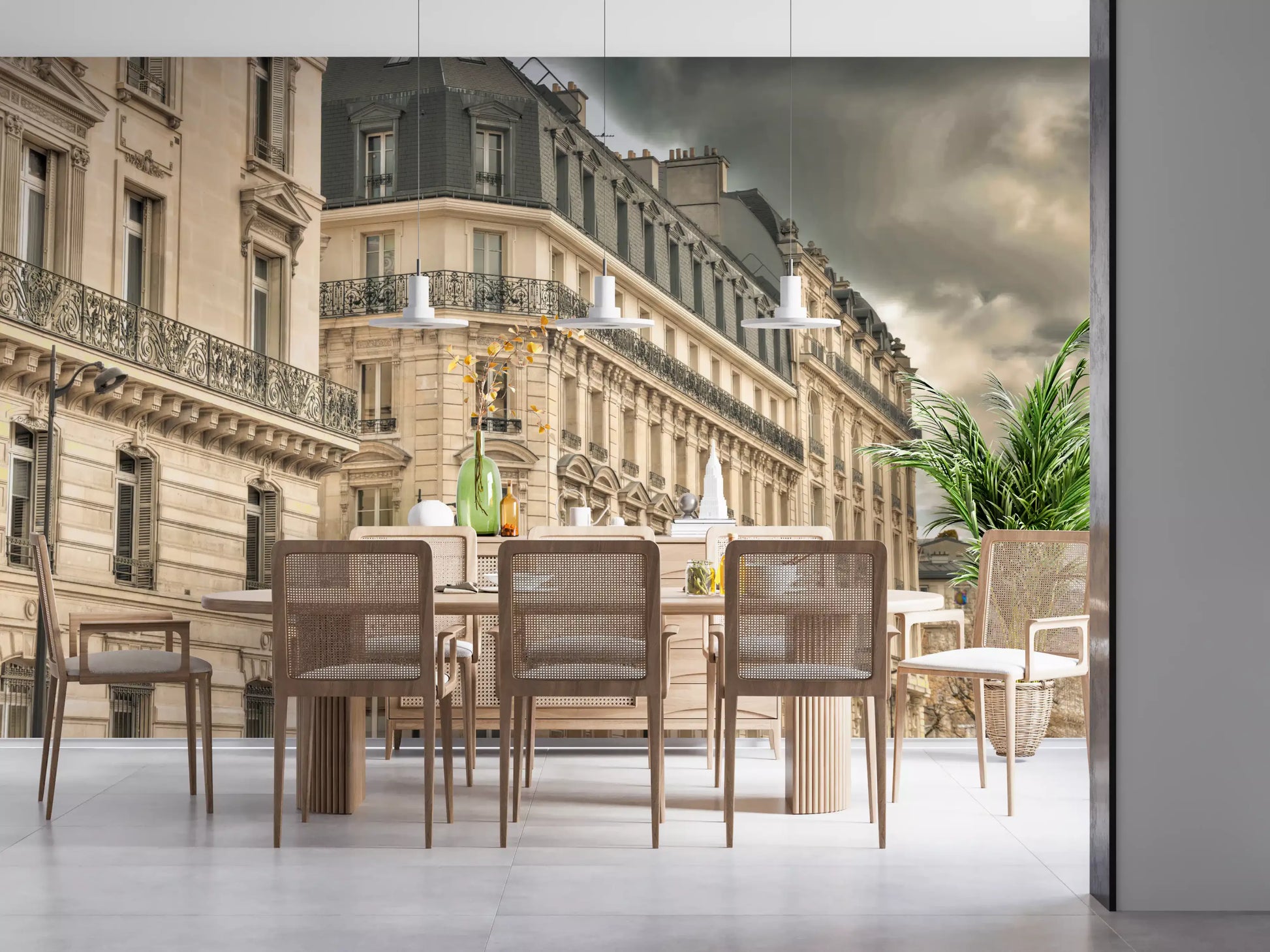 Cloud-darkened skies climb above a Dining area in this Parisian wall mural.