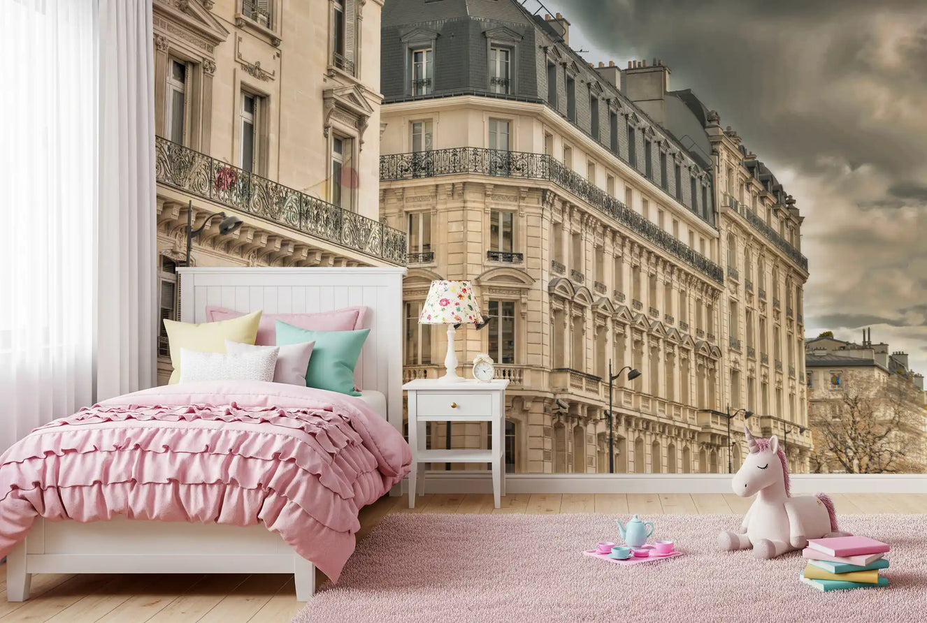 Moody Paris cityscape gives Kids bedroom an old world cinematic feel via the wall mural.