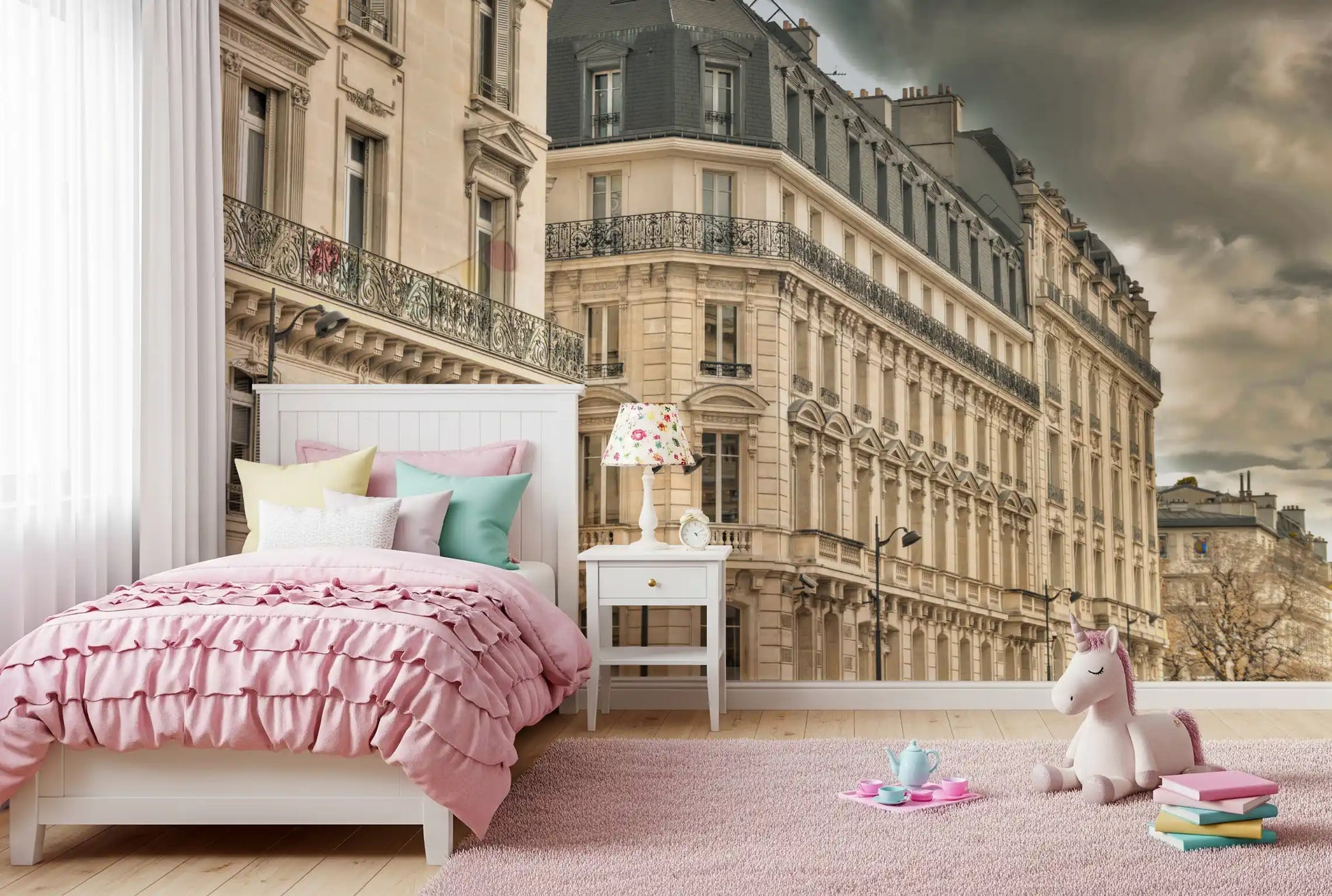 Moody Paris cityscape gives Kids bedroom an old world cinematic feel via the wall mural.