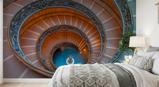 Helix descent of Bramante's Infinite Ascent wall mural shapes this bedroom corner.