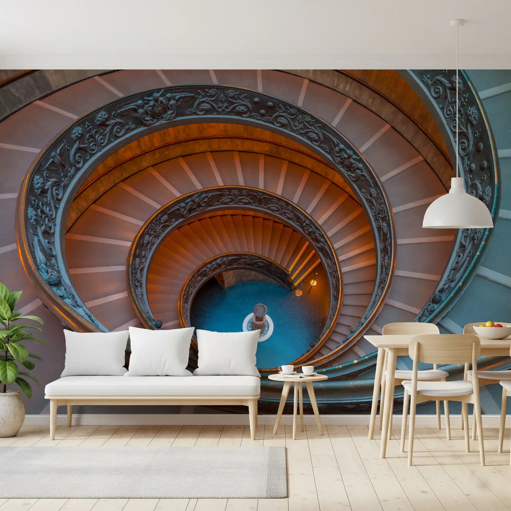 Coiled bronze tiers descend in slow turns through Bramante's Infinite Ascent wall mural.