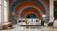 Carved metalwork on balustrades gives richness to Bramante's Ascent wall mural.