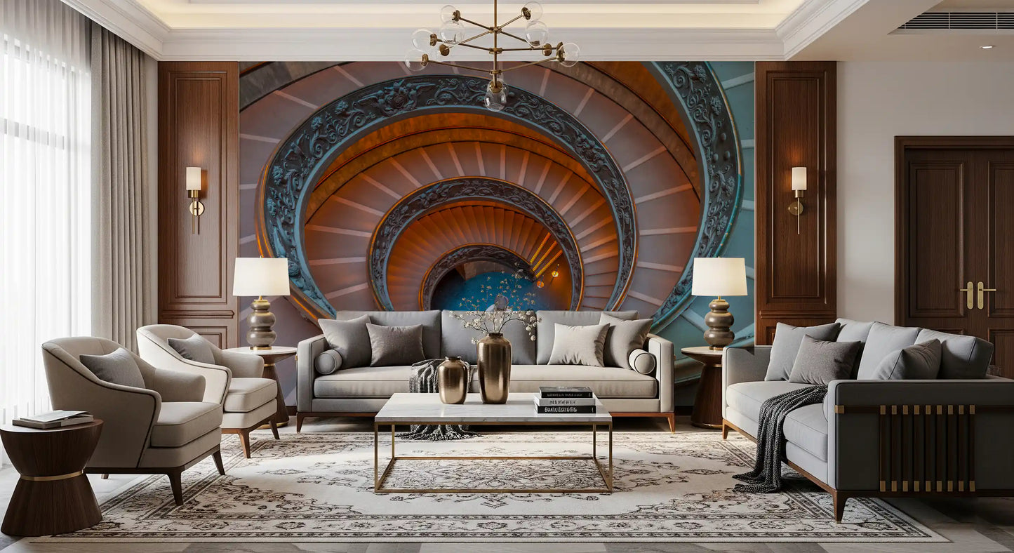 A living room dressed with Bramante's Ascent wall mural feels suddenly architectural.