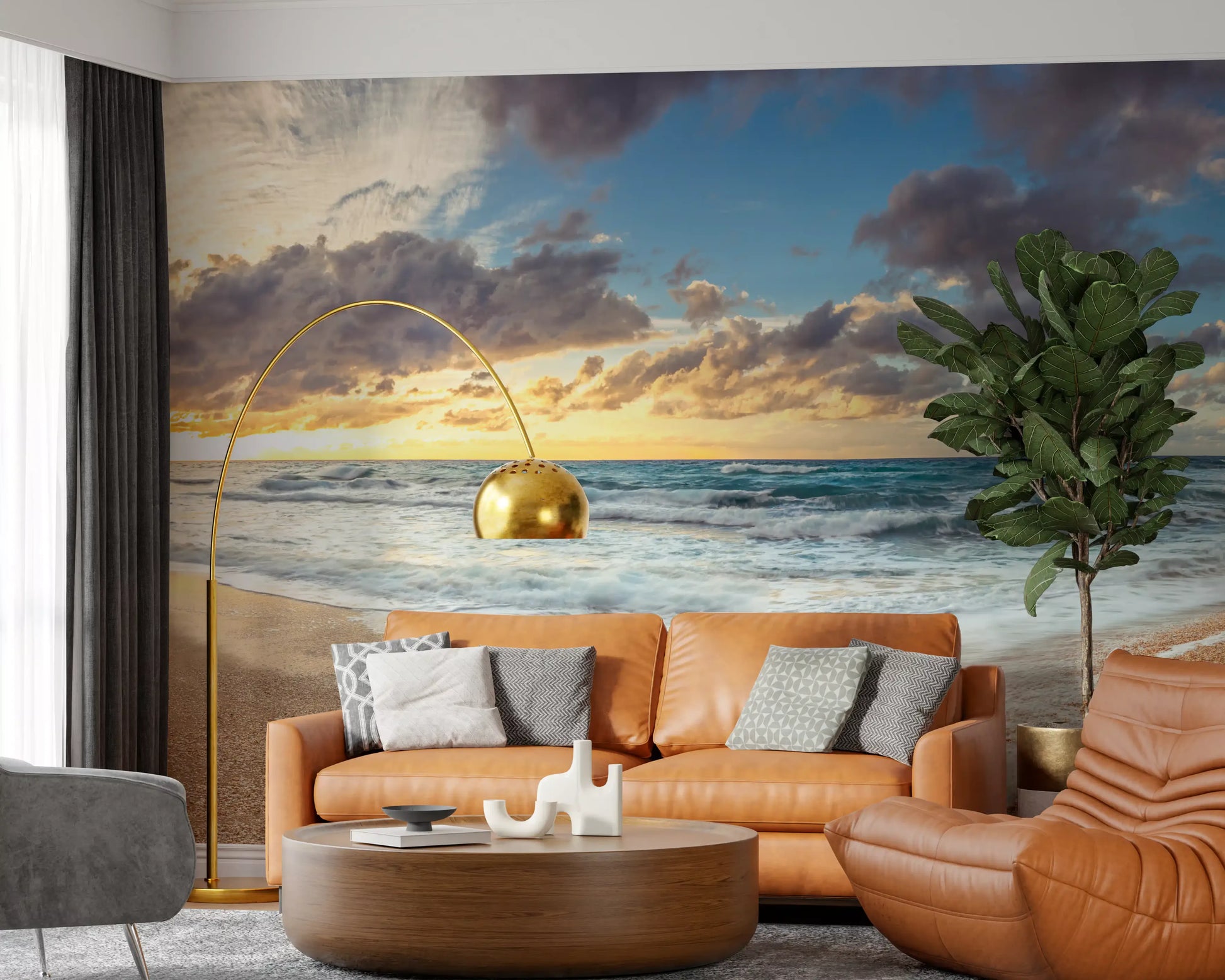 Set in the Living area, a Shoreline Serenity wall mural shows sand, surf, and sunset sky.