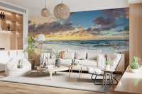Wave roll and cloud line draw the Shoreline Serenity wall mural across the Living room hush.