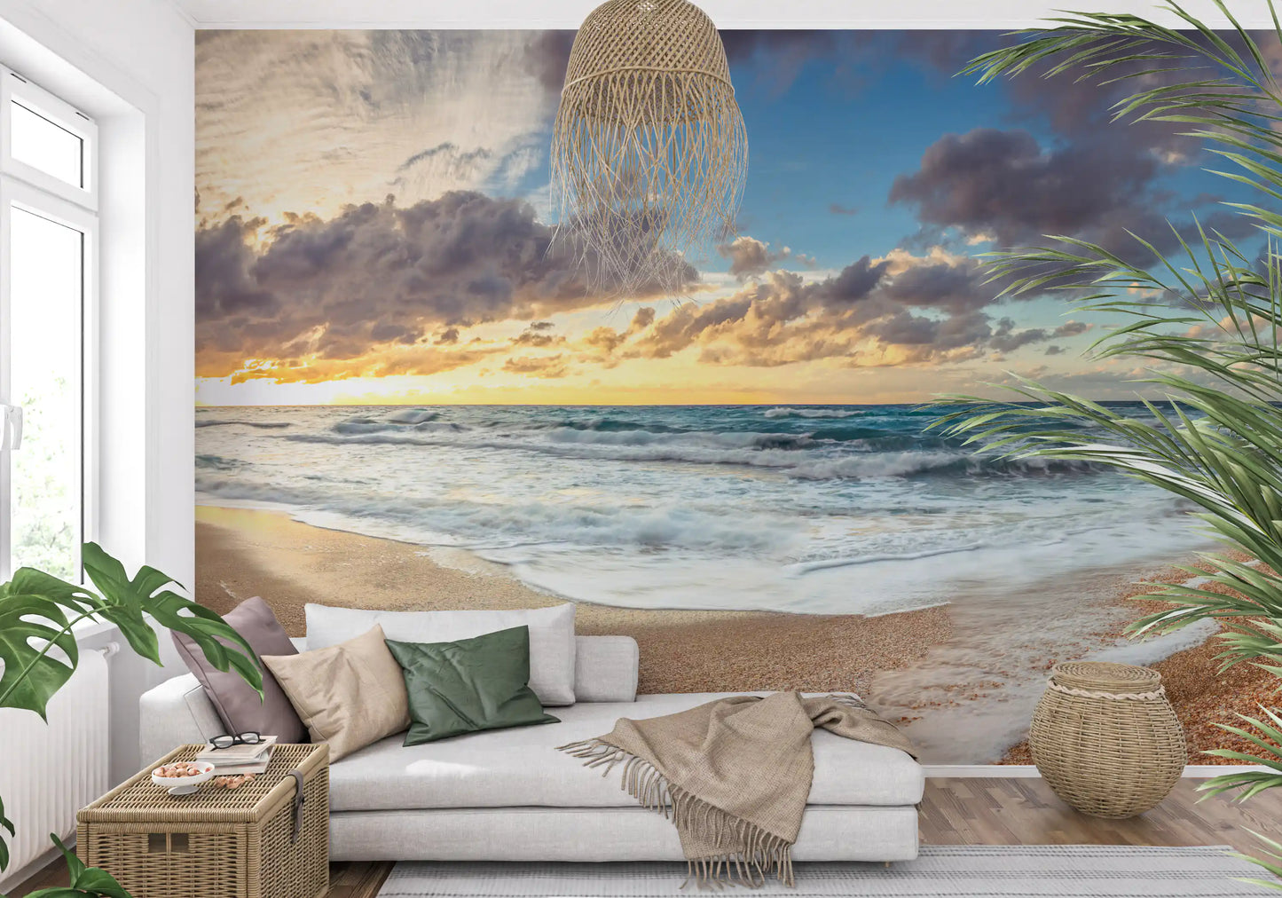 Smooth sand and rippled foam set the foreground of a Shoreline Serenity wall mural view.