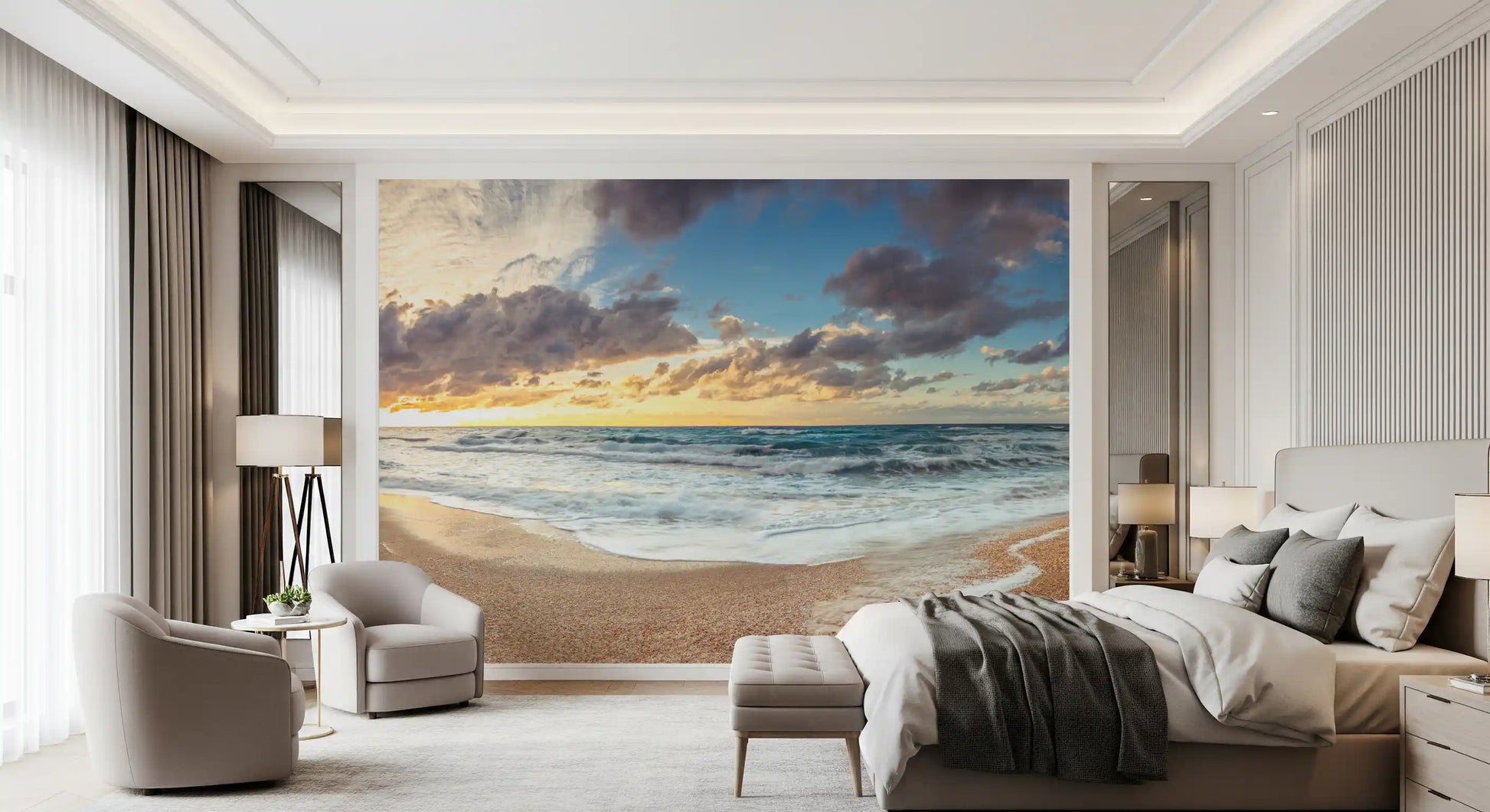 Foamy white surf rolls along the shore through Shoreline Serenity wall mural detail.