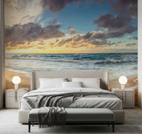 Coastal evening light fills the bedroom behind Shoreline Serenity wall mural panels.