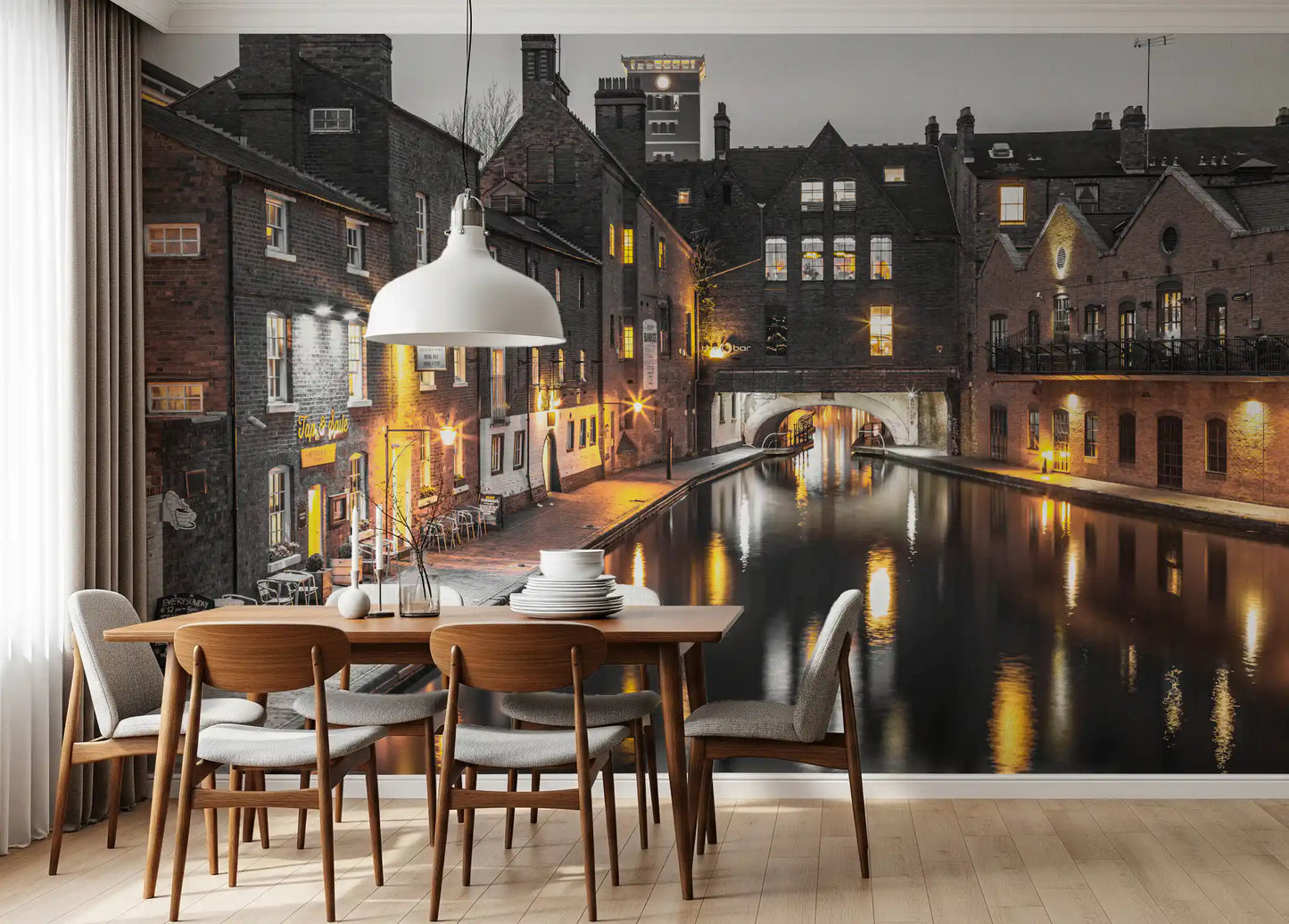 Dining room gets cinematic depth through the Urban Canal wall mural
