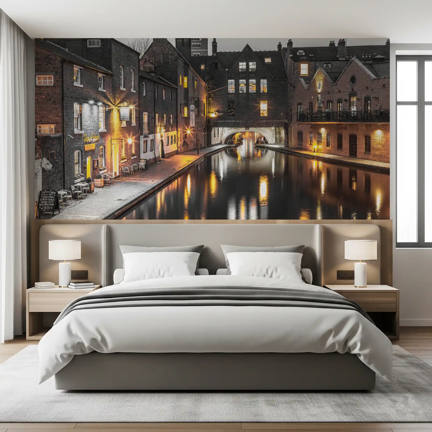 Arched bridge glows quietly at the far end of the Urban Canal wall mural