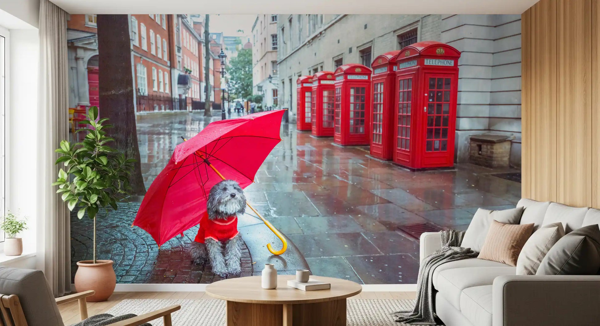 Rainy streetscape leads down the hallway through this Puddle Pal's Tale wall mural feature.