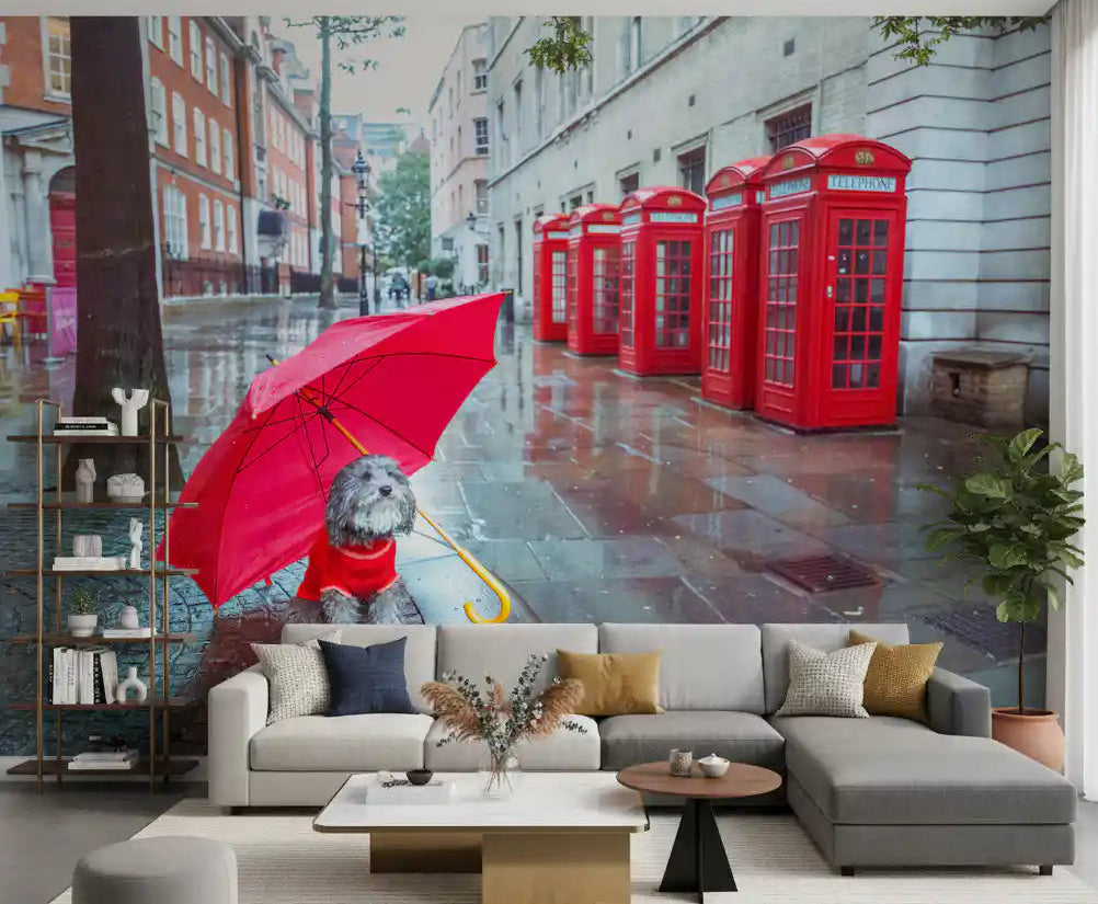 London Calling wall mural lays a wet street and red phone boxes behind the living room.