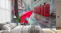 Five red telephone boxes line a damp London side street across the London Calling wall mural.