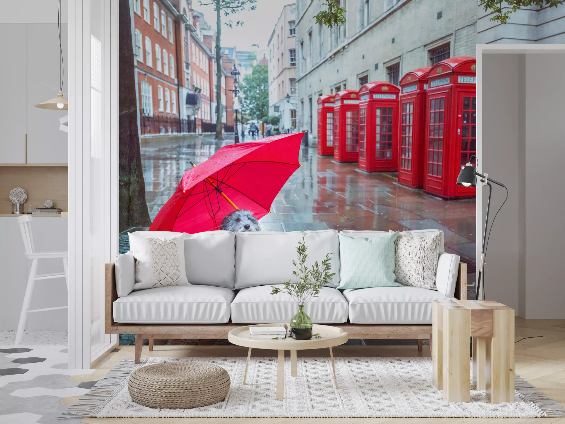 Pup with brolly and phone boxes circle the Living room in Puddle Pal's Tale wall mural.