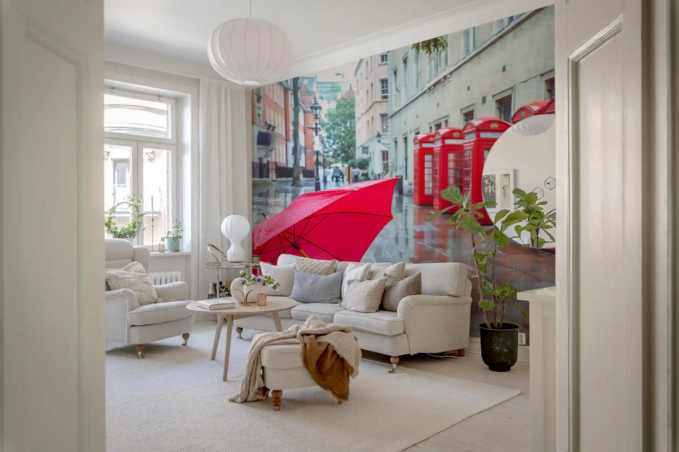 A pup with red umbrella greets a Living  room backdrop via Puddle Pal's Tale wall mural.