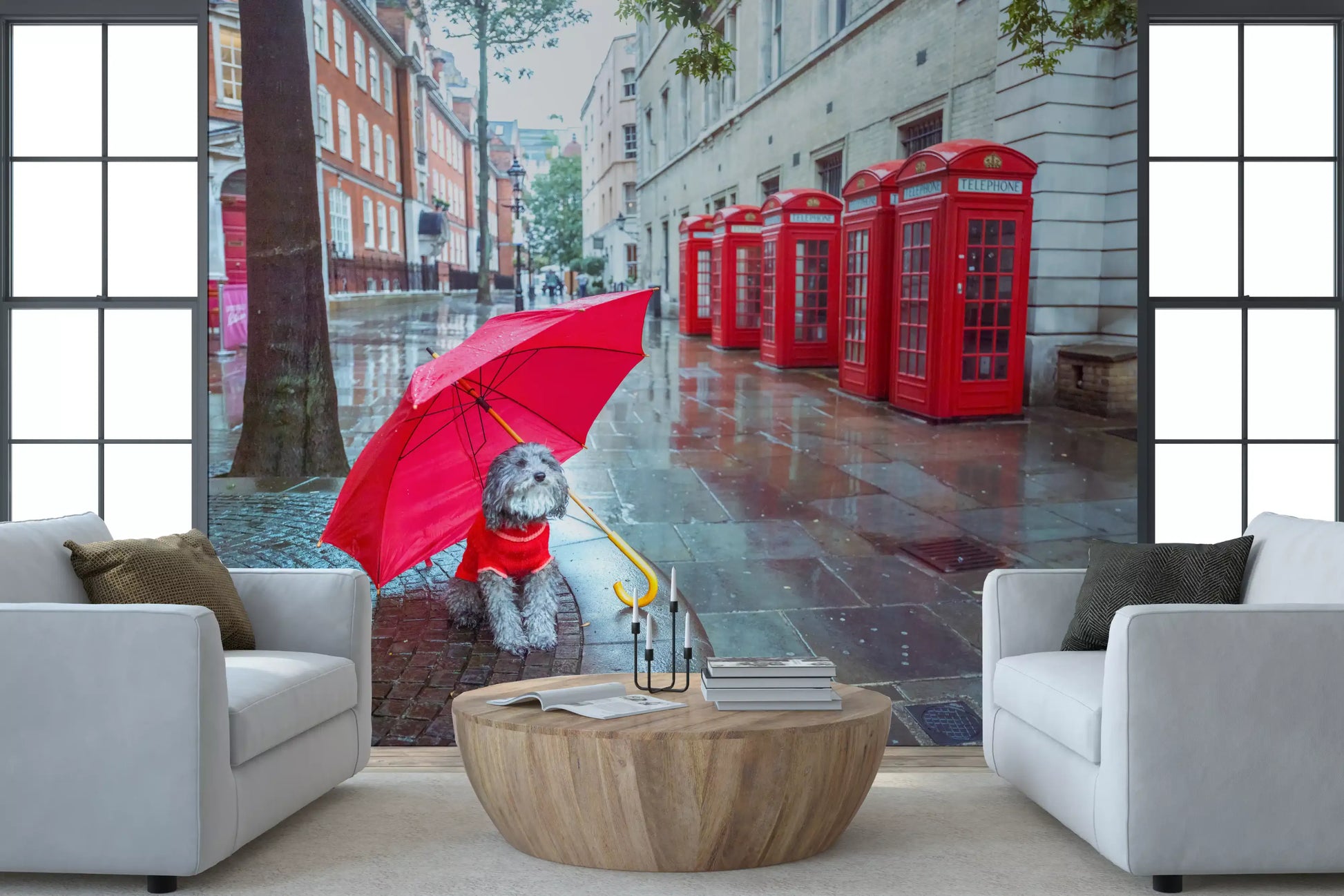 Curved yellow umbrella handle rests in a pup's teeth across this Puddle Pal's Tale wall mural.