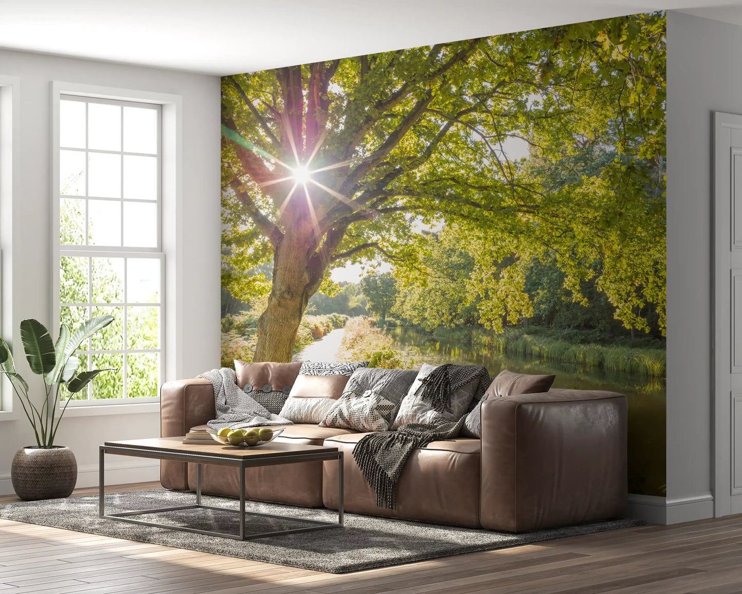 Summer green leaves frame the canopy in a Sunlit Canal wall mural.