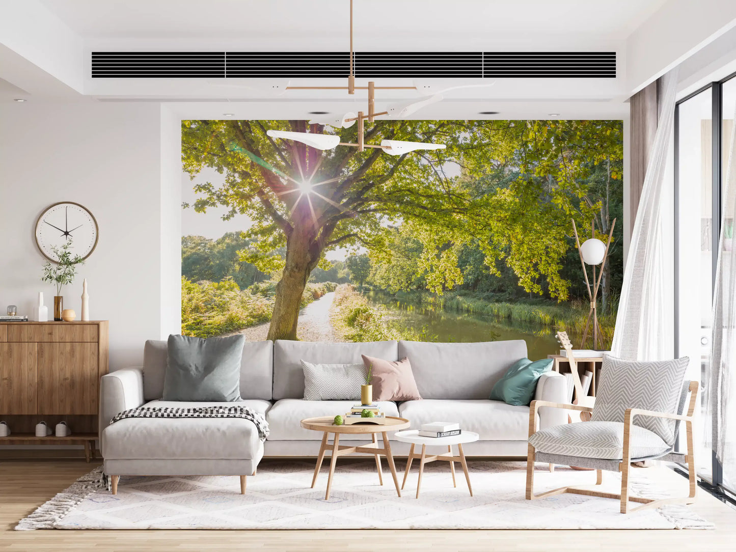 Golden canopy light fills the lounge through this Sunlit Woodland wall mural.