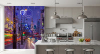 Metropolitan Magic Night Lights wall mural opens a kitchen-dining onto city sparkle.