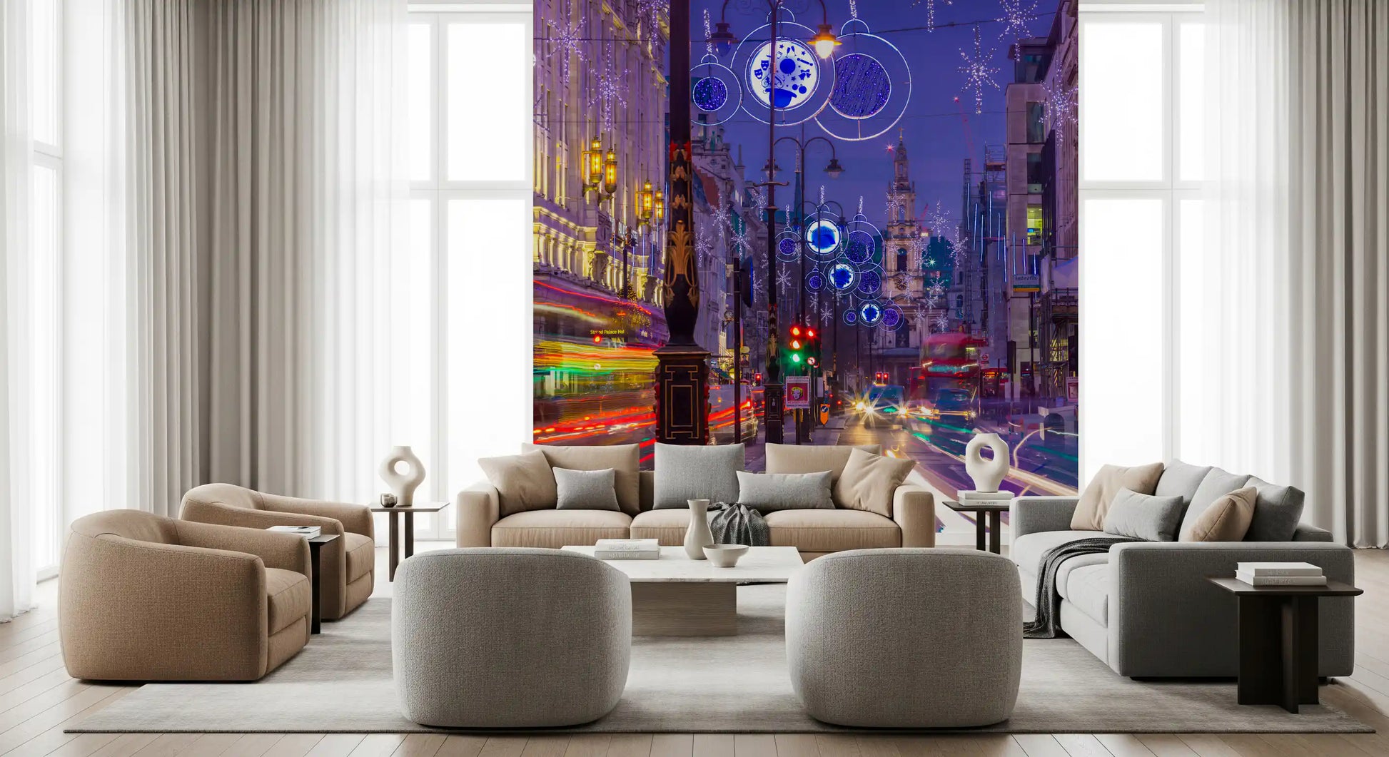 Living room layout near Metropolitan Magic wall mural reads quietly festive.