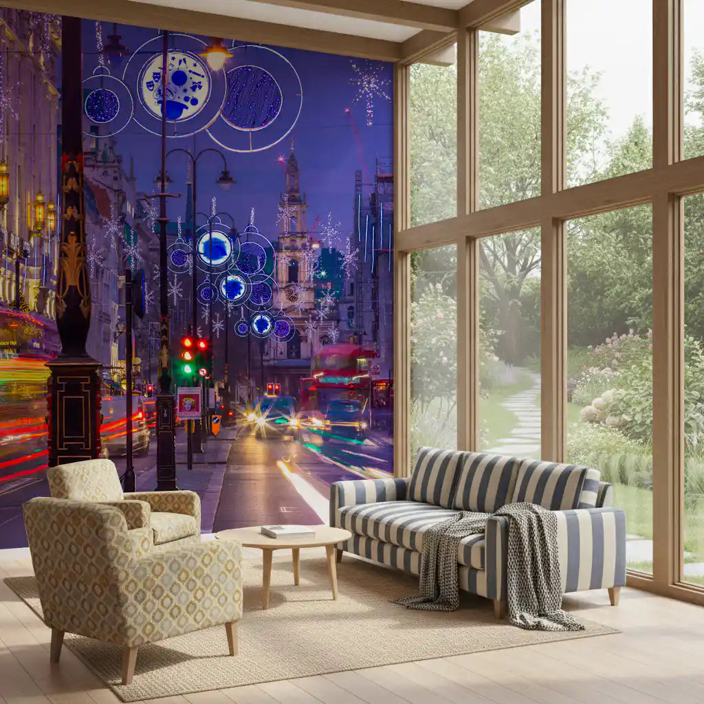 Vintage lampposts give Night Lights wall mural a yellow tint.