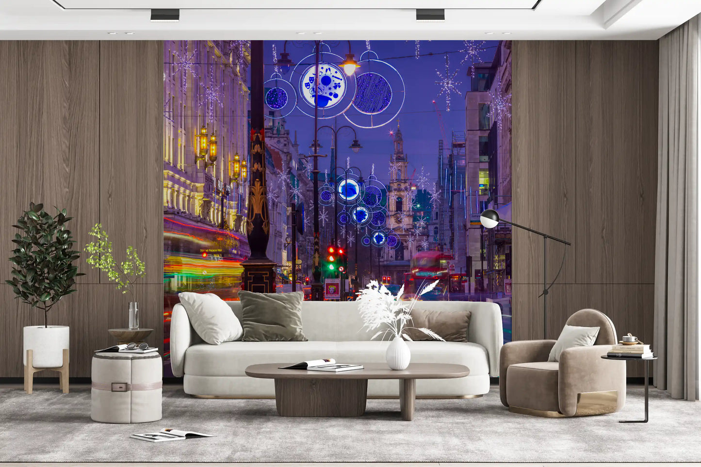 Within Metropolitan Magic Night Lights wall mural, blue baubles cluster above the lane.
