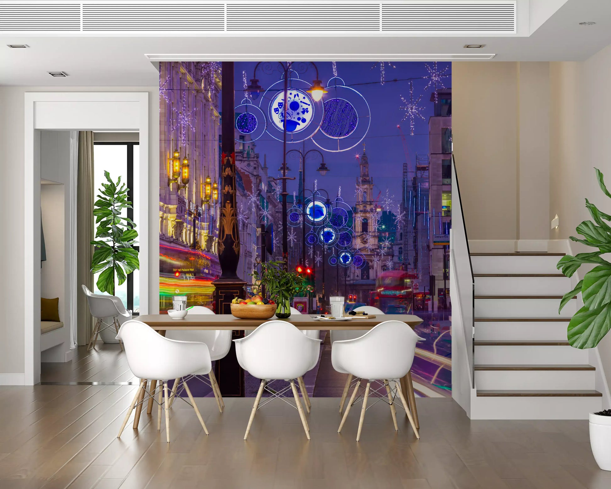 For a quiet Dining room, Night Lights wall mural adds urban depth after dark.