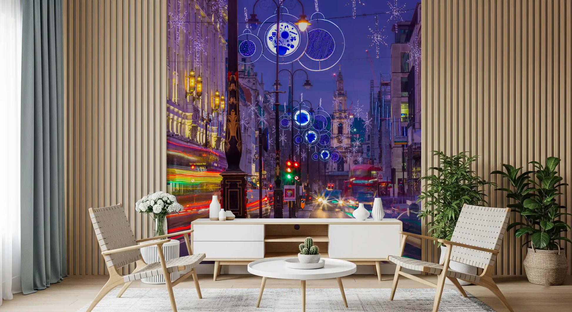 Living room beside City Trails wall mural takes on evening glow.