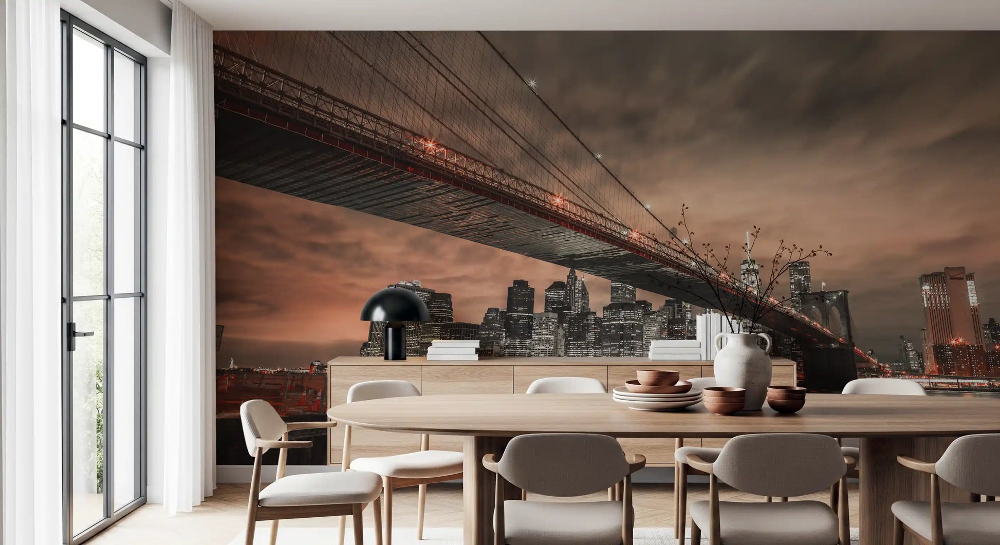 Burnt orange clouds sit over the bridge silhouette in the Iconic Bridge wall mural panel