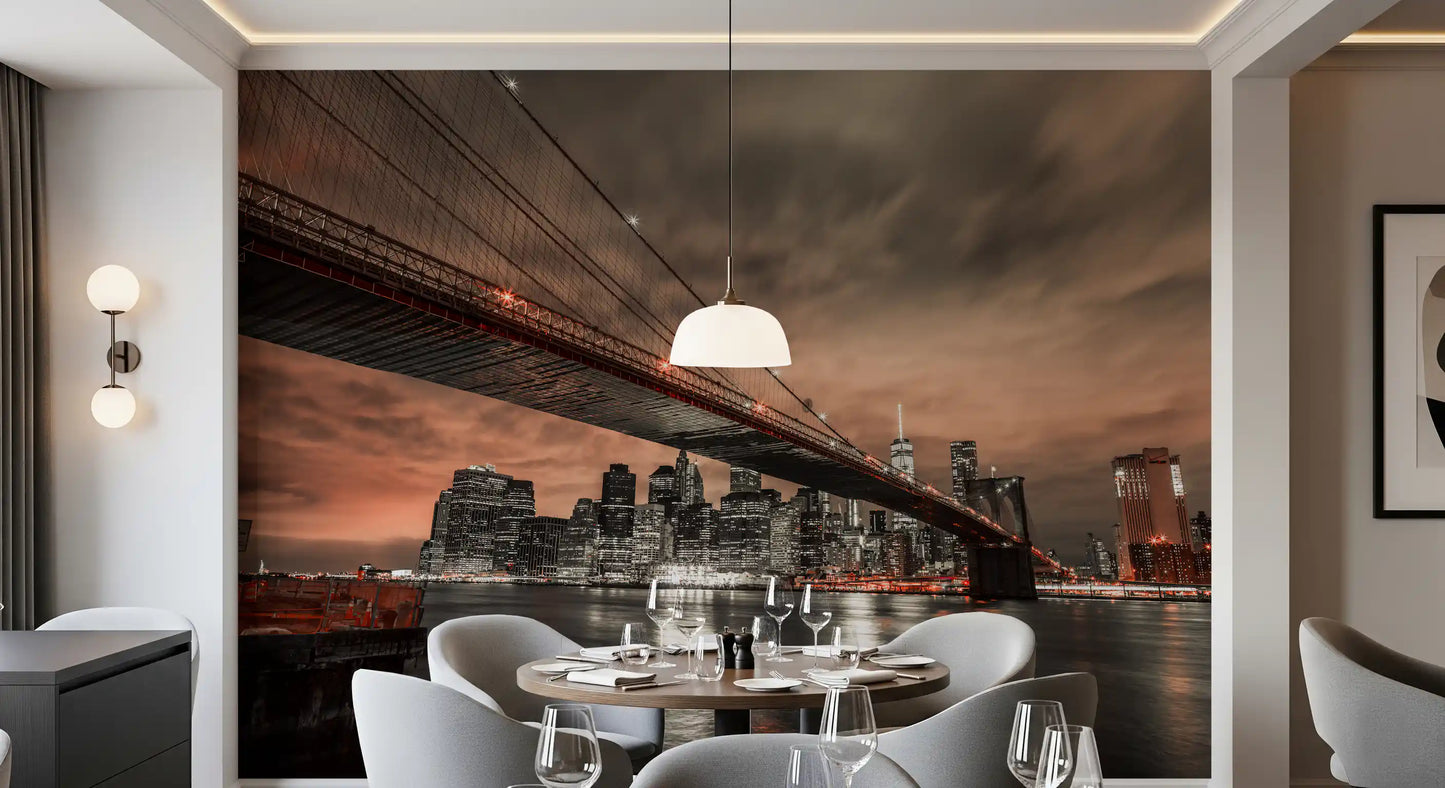 Heavy clouds drift over the cityscape, Iconic Bridge wall mural fits a Dining room 