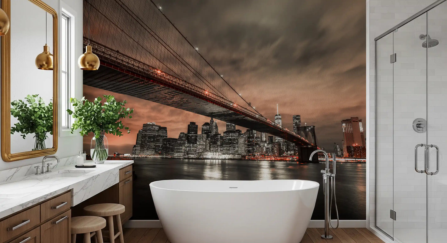 Copper dusk lights and skyline depth fill an Iconic Bridge wall mural over a Bathroom