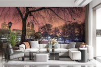 Glowing windows warm a lounge backdrop in Central Twilight wall mural.
