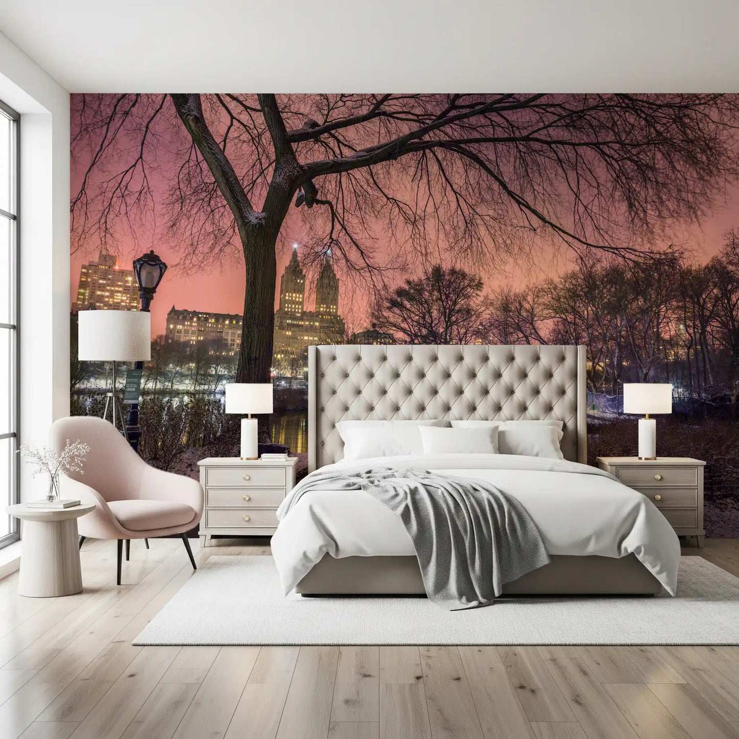 Quiet city dusk drifts into a bedroom set with Central Park Twilight wall mural views.