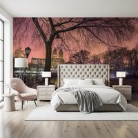 Quiet city dusk drifts into a bedroom set with Central Park Twilight wall mural views.