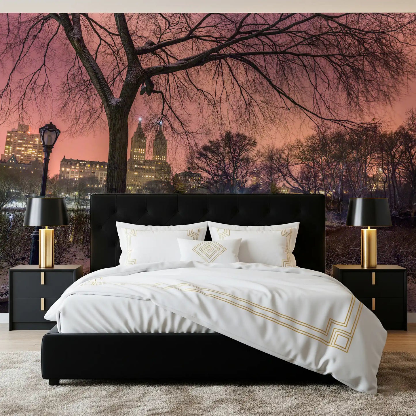 Behind the bridge, lit Manhattan towers glow inside this Central Park wall mural.